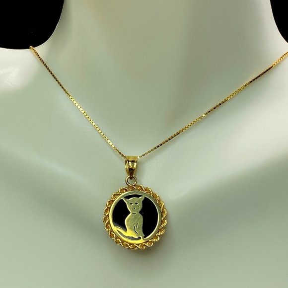 14 yellow gold Sitting Kitty Cat Onyx pendant box necklace 18" 4.1gm